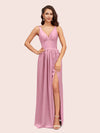 Sexy V Neck Long Soft Satin Side Slit Graduation Prom Dresses Online