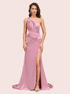 Sexy Side Slit Mermaid One Shoulder Long Soft Satin Evening Prom Dresses Online