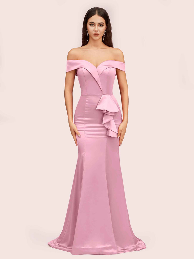 Elegant Soft Satin Mermaid Off Shoulder Unique Long Evening Prom Dresses Online