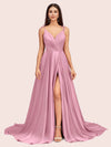 Elegant Spaghetti Straps V-neck Long Soft Satin Side Slit Bridesmaid Dresses For Sale