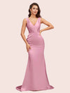 Sexy V-Neck Mermaid Long Silky Satin Formal Prom Dresses For Women