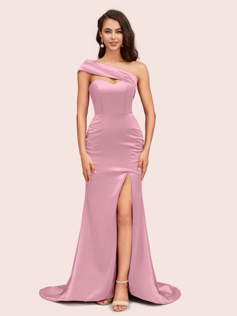 Sexy Mermaid One Shoulder Long Soft Satin Bridesmaid Dresses With Slit For Sale