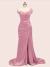 Sexy One Shoulder Long Soft Satin Mermaid Bridesmaid Dresses With Slit