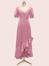 Beautiful Short Sleeves V-Neck Soft Satin Cheap Short Bridesmaid Dresses