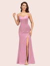 Simple Spaghetti Straps Mermaid Long Silky Satin evening Prom Dresses With Slit