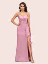 Sexy Spaghetti Straps V-neck Long Mermaid Satin Bridesmaid Dresses With Slit