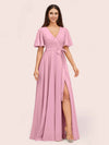 Elegant A-line V-neck Short Sleeves Long Bridesmaid Dresses With Slit