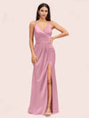 Sexy Spaghetti Straps V-neck Long Silky Soft Satin Formal Prom Dresses With Slit