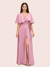 Elegant Bat Sleeves V-neck Side Slit Long Soft Satin Bridesmaid Dresses