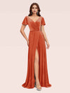 Elegant Velvet V-neck Side Slit Short Sleeves Long Evening Prom Dresses Online