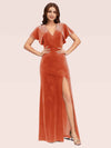 Sexy Bat Sleeves V-neck Long Stretch Velvet Bridesmaid Dresses With Slit For Sale