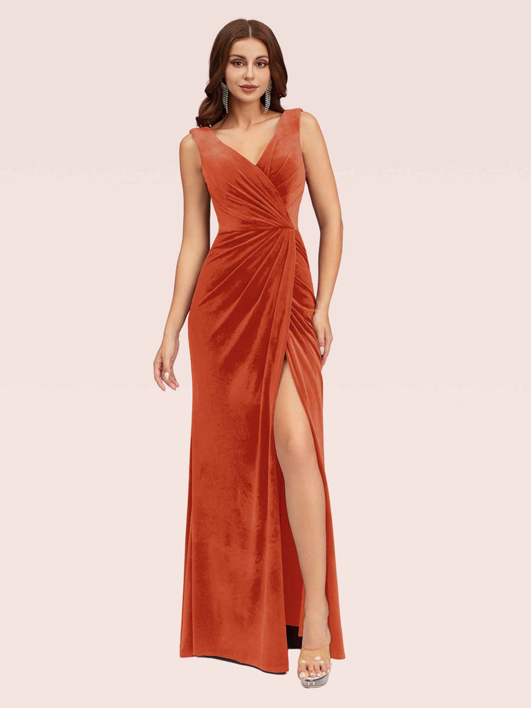 Sexy V Neck Long Velvet Graduation Prom Dresses Online With Slit