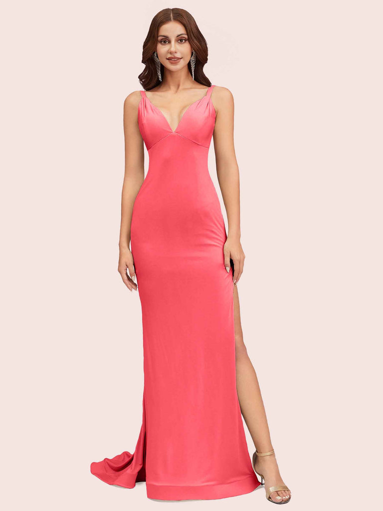 Sexy V-neck Side Slit Stretchy Jersey Long Mermaid Party Prom Dresses 2023