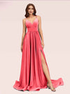 Sexy Side Slit Spaghetti Straps V-neck Jersey Long Bridesmaid Dresses Online For Sale