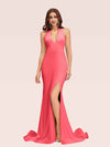 Sexy Backless Side Slit V-Neck Off Shoulder Jersey Long Mermaid Prom Dresses With Slit