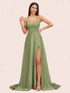 Elegant A-line Spaghetti Straps Long Soft Satin Bridesmaid Dresses With Slit