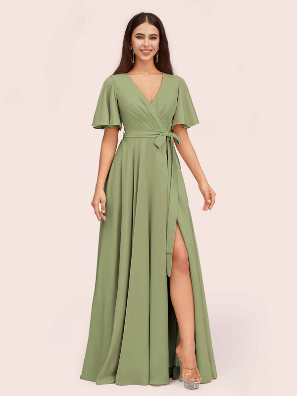 Elegant A-line V-neck Short Sleeves Long Bridesmaid Dresses With Slit