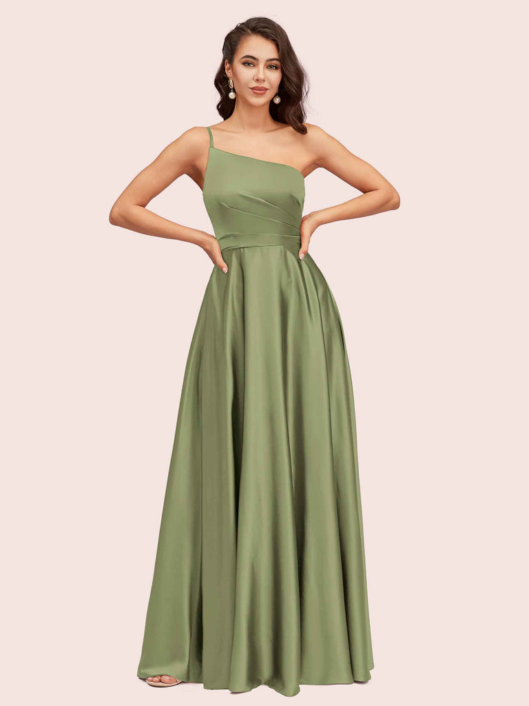 Sexy One Shoulder A-Line Long Soft Satin Bridesmaid Dresses With Pleats