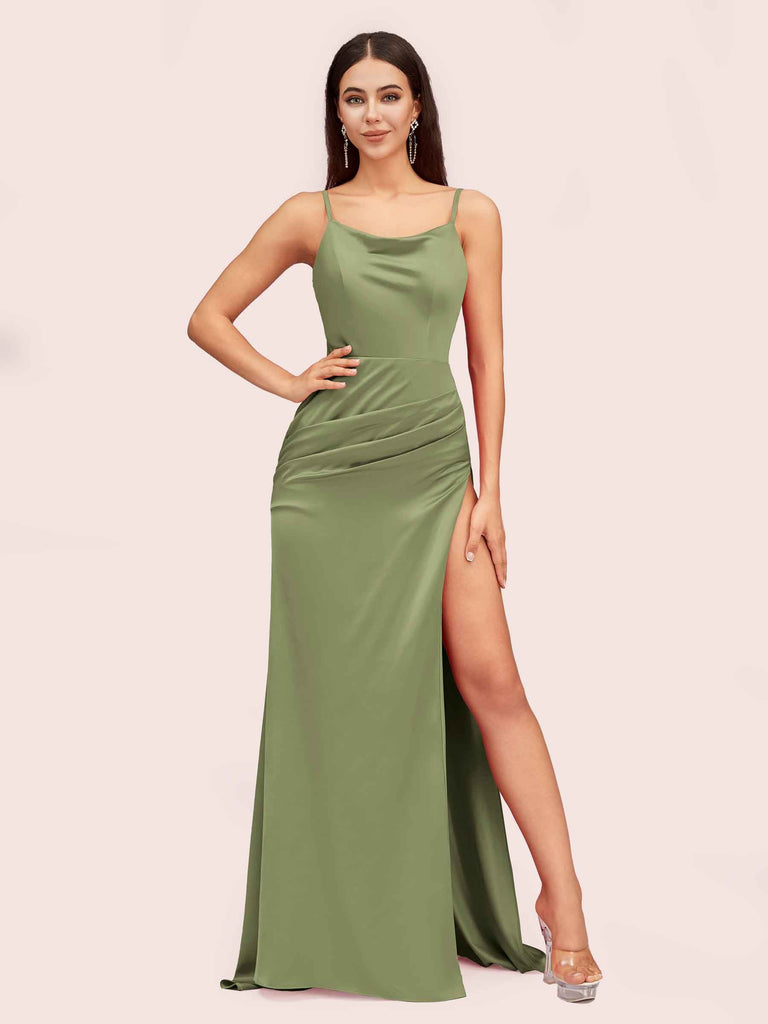 Sexy Spaghetti Straps Mermaid Long Soft Satin Graduation Prom Dresses With Slit Sexy Spaghetti Straps Mermaid Long Soft Satin Graduation Prom Dresses With Slit