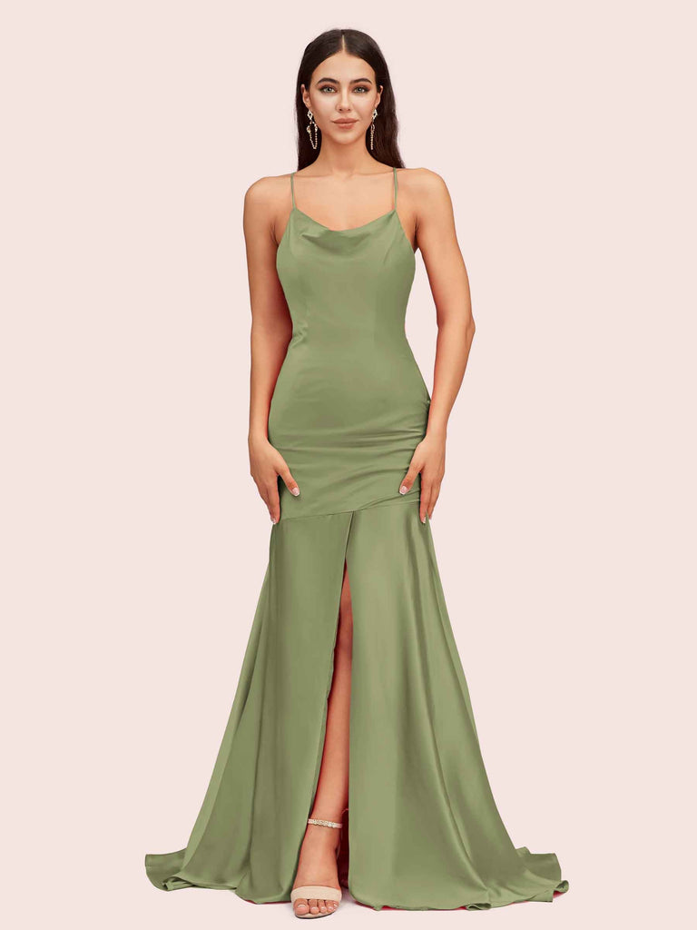 Sexy Backless Mermaid Spaghetti Straps Long Soft Satin Prom Dresses With Slit