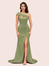 Sexy Mermaid One Shoulder Long Soft Satin Evening Prom Dresses With Slit