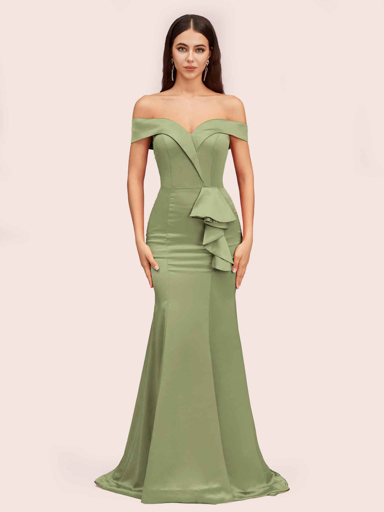 Elegant Soft Satin Mermaid Off Shoulder Unique Long Evening Prom Dresses Online