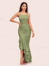 Sexy Unique Mermaid Spaghetti Straps Asymmetrical Soft Satin Bridesmaid Dresses