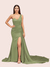 Sexy Mermaid One Shoulder Long Soft Satin Side Slit Bridesmaid Dresses For Sale