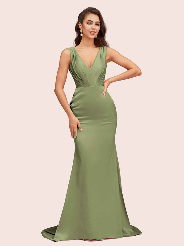 Sexy V-Neck Mermaid Long Soft Satin Bridesmaid Dresses Online