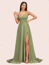 Elegant A-line Spaghetti Straps Long Soft Satin Party Prom Dresses With Slit