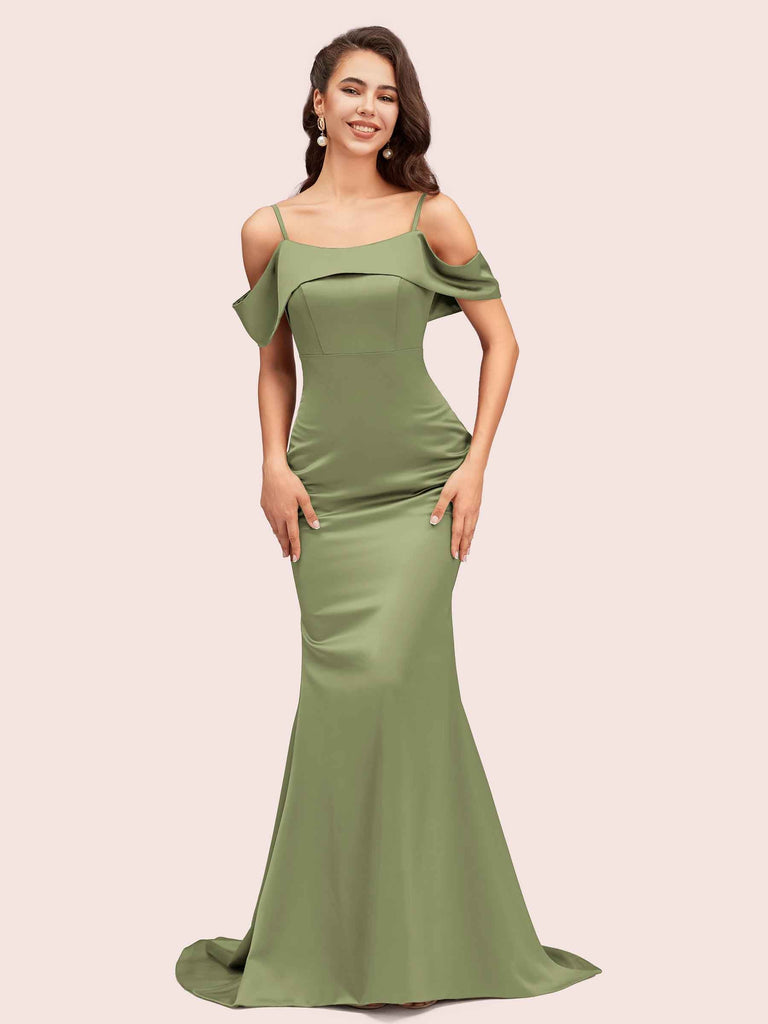 Sexy Mermaid Cold Shoulder Long Soft Satin Party Prom Dresses For Women