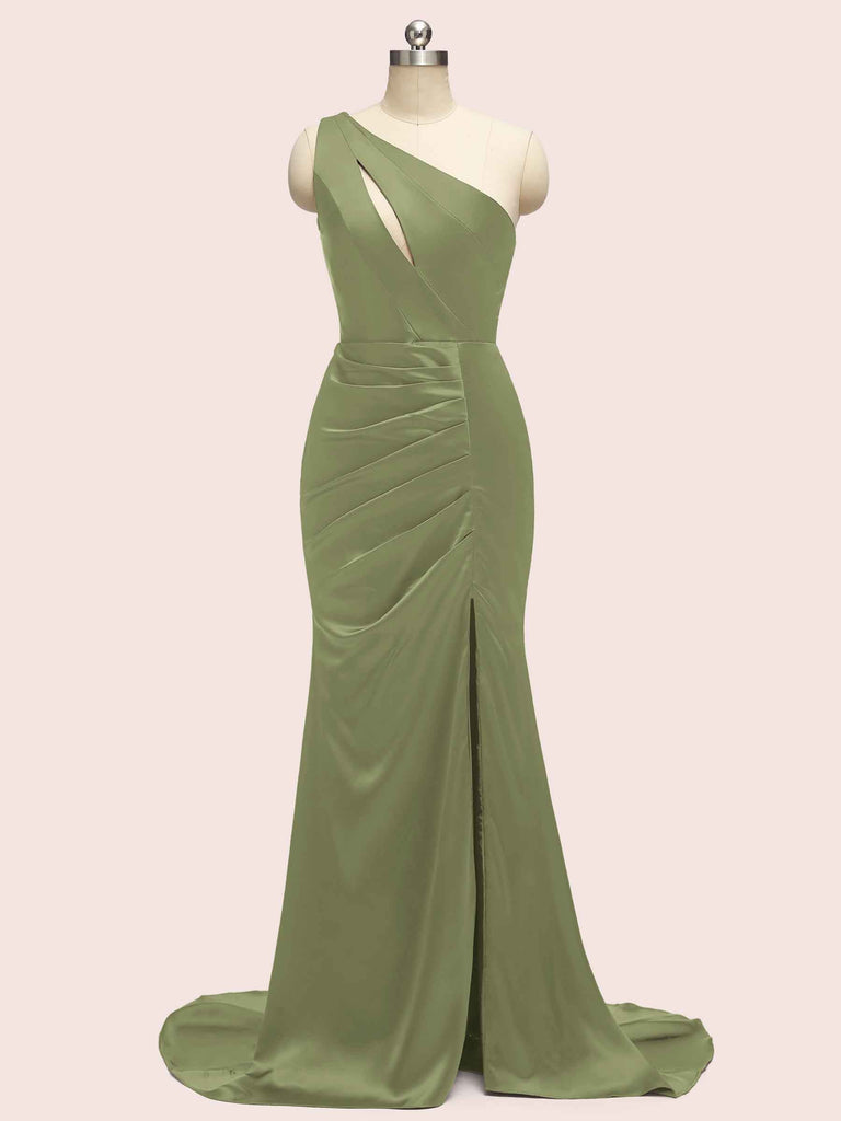 Sexy Mermaid One Shoulder Long Soft Satin Bridesmaid Dresses With Slit