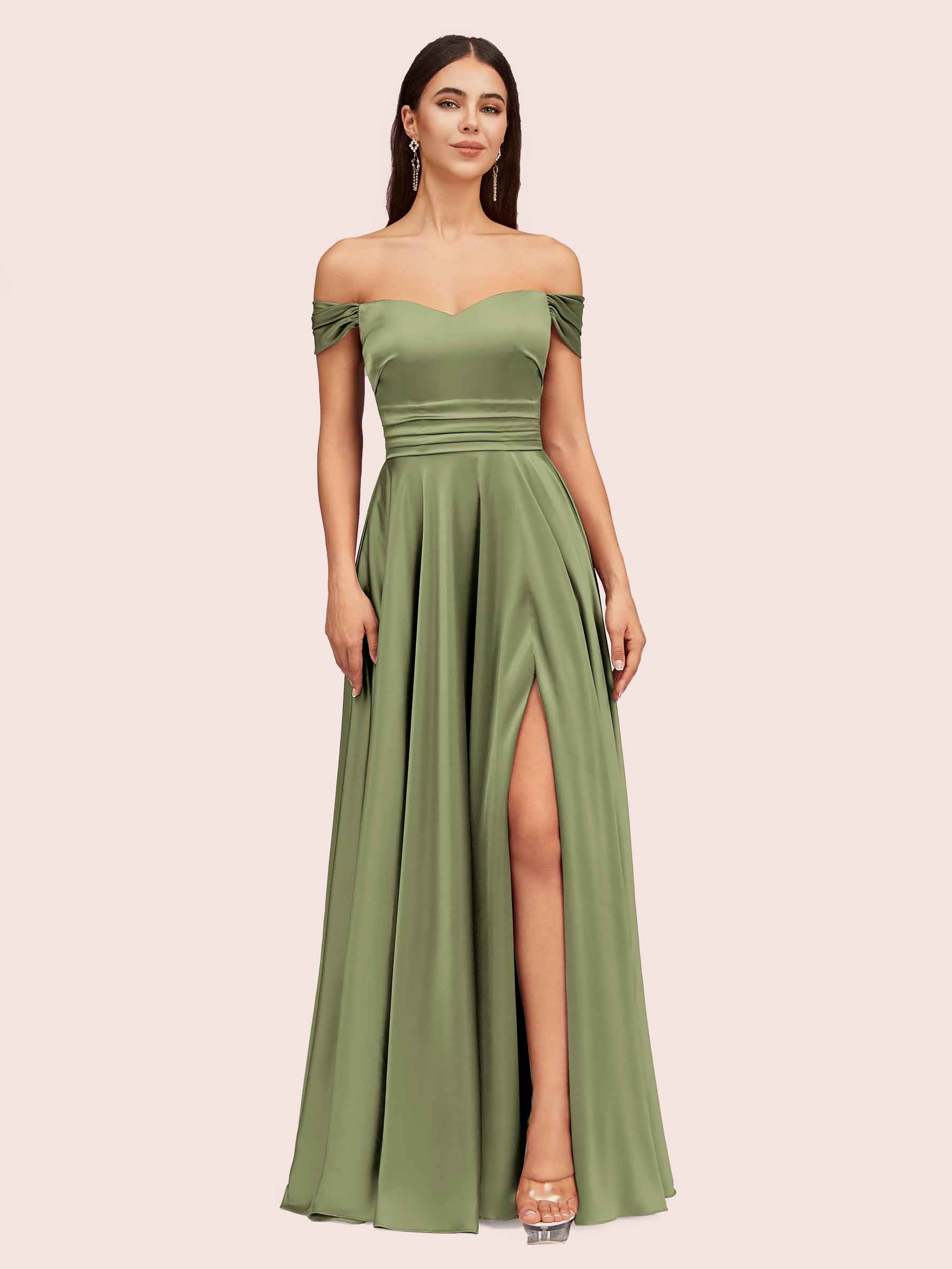 Sexy Off Shoulder Side Slit A-Line Long Soft Satin Bridesmaid Dresses Online