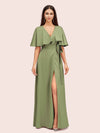 Elegant Bat Sleeves V-neck Side Slit Long Soft Satin Party Prom Dresses 2023