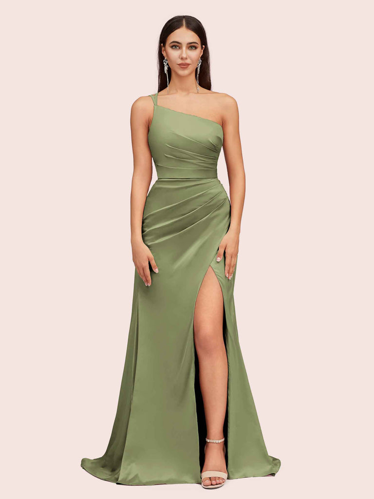Soft Satin One Shoulder Side Slit Silky Long Mermaid Bridesmaid Dresses Online Soft Satin One Shoulder Side Slit Silky Long Mermaid Bridesmaid Dresses Online