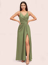 Modern Spaghetti Straps V-neck Side Slit Long Satin Bridesmaid Dresses With Slit