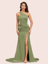 Sexy Mermaid One Shoulder Long Soft Satin Side Slit Bridesmaid Dresses Online For Sale