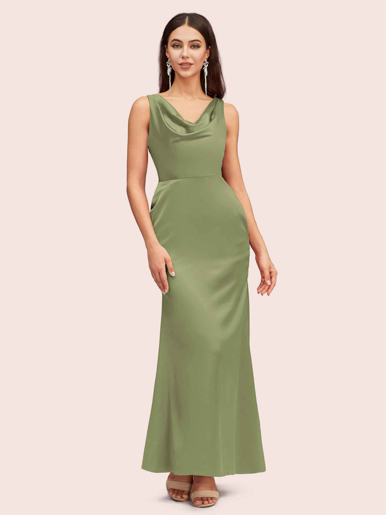 online bridesmaid dresses Elegant Cowl Sleeveless Sheath Long Soft Satin Bridesmaid Dresses Online