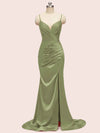 Sexy Spaghetti Straps V-neck Mermaid Long Satin Graduation Prom Dresses With Slit