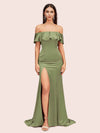 Elegant Soft Satin Off Shoulder Long Mermaid Graduation Prom Dresses With Slit