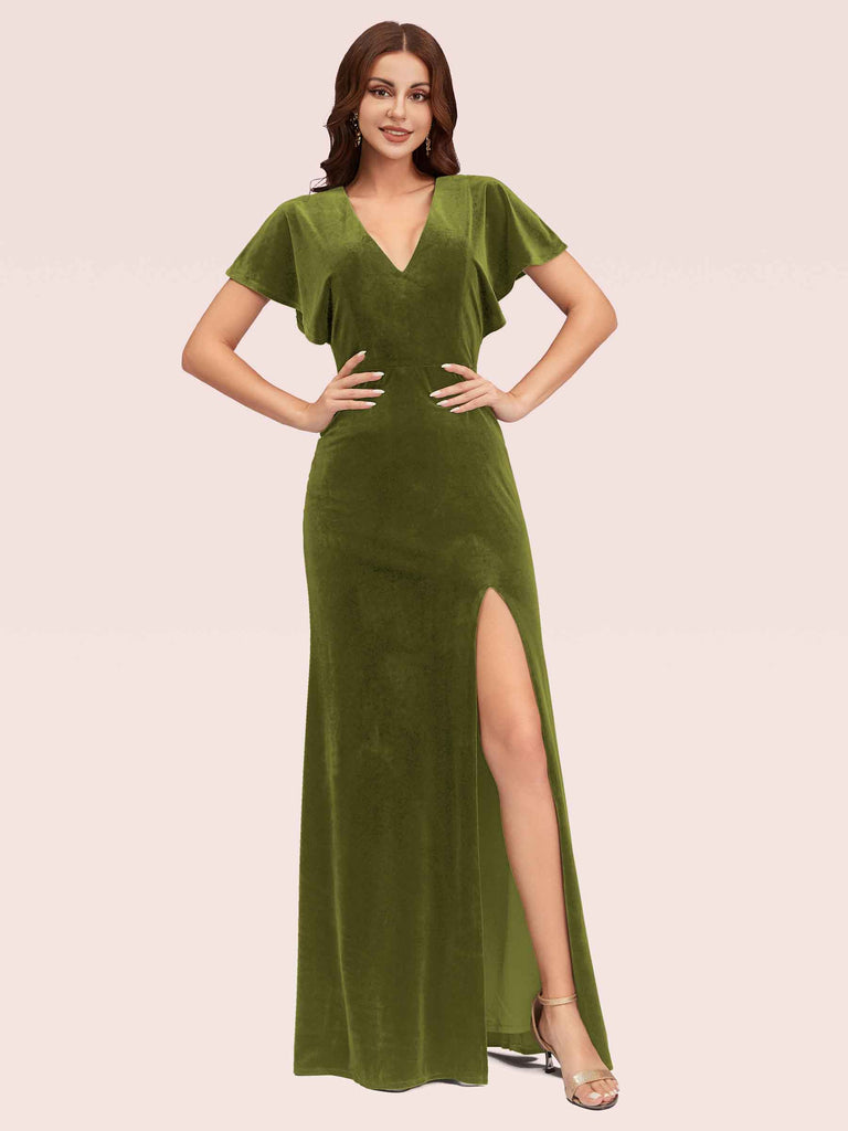 Sexy Bat Sleeves V-neck Long Stretch Velvet Bridesmaid Dresses With Slit Sexy Bat Sleeves V-neck Long Stretch Velvet Bridesmaid Dresses With Slit