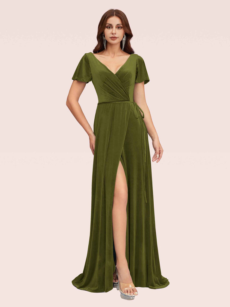 Elegant Velvet V-neck Side Slit Short Sleeves Long Bridesmaid Dresses Online Elegant Velvet V-neck Side Slit Short Sleeves Long Bridesmaid Dresses Online
