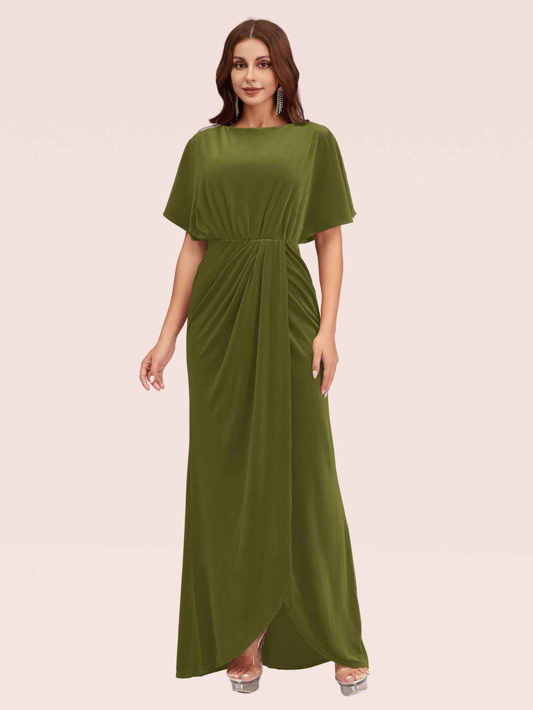 Elegant Velvet Bateau Bat Sleeve Side Slit Long Bridesmaid Dresses With Slit Elegant Velvet Bateau Bat Sleeve Side Slit Long Bridesmaid Dresses With Slit