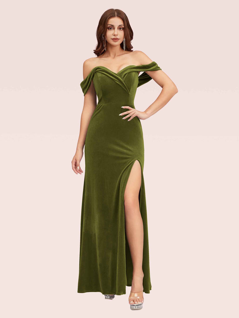 Cetims Elegant Off Shoulder Mermaid Velvet Bridesmaid Dress with Side Split Ideal for Wedding Guests Green