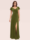 Sexy Side Slit Short Sleeves Velvet V-neck Long Formal Prom Dresses 2023