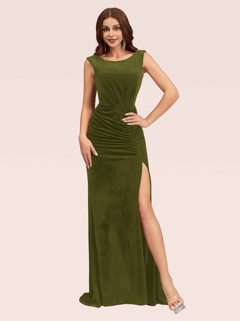 Sexy Open Back Velvet Scoop Long Mermaid Formal Prom Dresses With Slit Sexy Open Back Velvet Scoop Long Mermaid Formal Prom Dresses With Slit