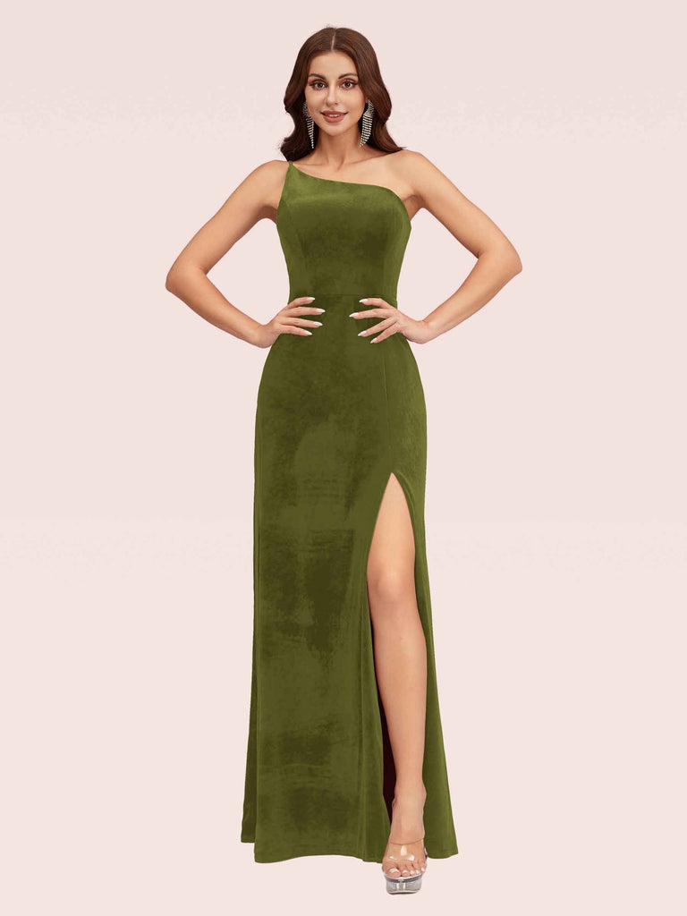 Sexy Simple One Shoulder Long Velvet Graduation Prom Dresses With Slit - Cetims Green Sexy Simple One Shoulder Long Velvet Graduation Prom Dresses With Slit - Cetims Green