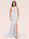 Sexy Halter Side Slit Open Back Stretchy Jersey Long Mermaid Bridesmaid Dresses Online