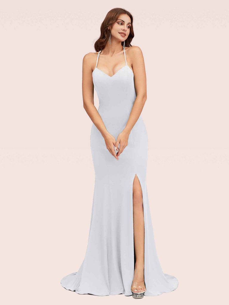 Sexy Halter Criss Cross Back Stretchy Jersey Long Mermaid Bridesmaid Dresses With Slit Sexy Halter Criss Cross Back Stretchy Jersey Long Mermaid Bridesmaid Dresses With Slit