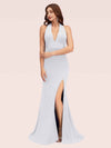 Sexy Halter Sleeveless Open Back Side Slit Stretchy Jersey Long Mermaid Bridesmaid Dresses